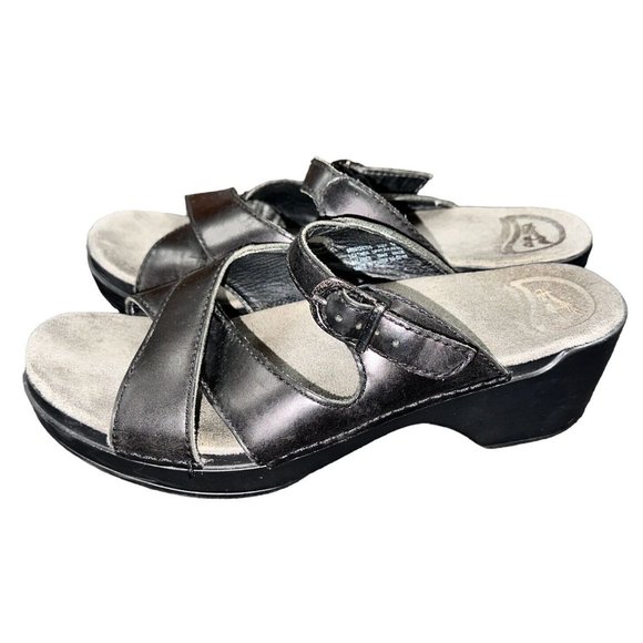 Dansko Shoes - Dansko Sandals Womens 38 Sela Cross Strap Slip On Wedge Slide Black Leather